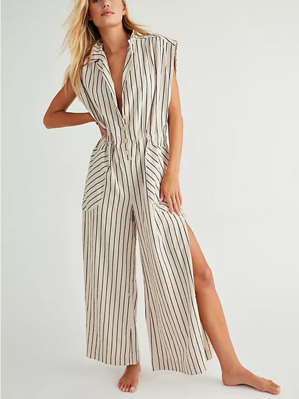 Free People Beach Town One-Piece Jumpsuit Striped Linen/Cotton Blend